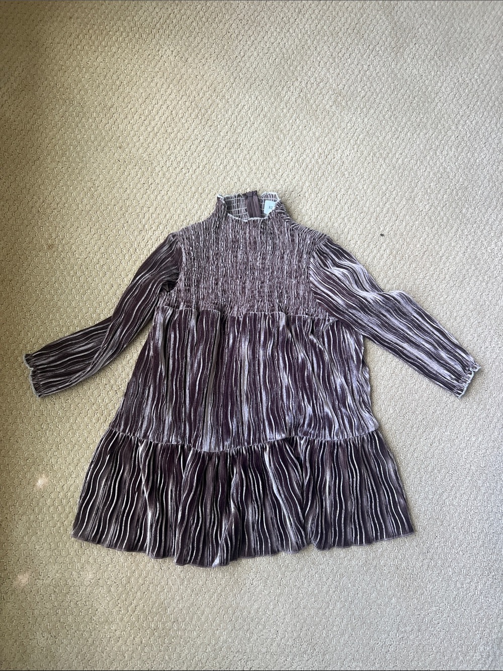 KIPP velvet Pleated Tiered Long Sleeve Mini Dress - Brown & Cream